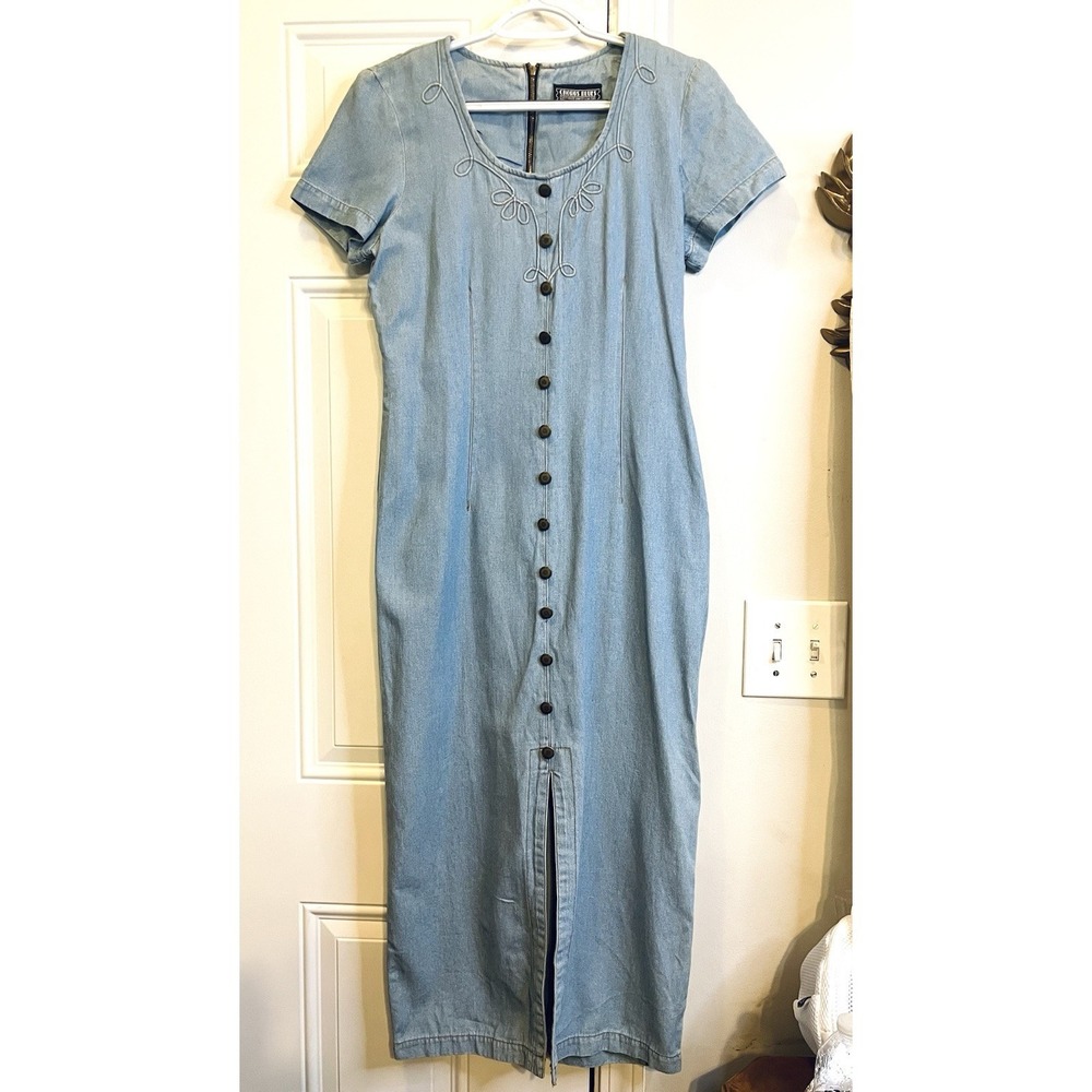 90s Chorus Blues Denim Midi Dress Blue Embroidered Western Button Front S
